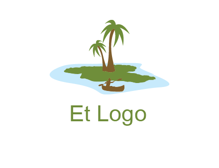 man rowing canoe to palm trees island illustration