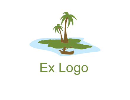man rowing canoe to palm trees island illustration