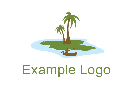 man rowing canoe to palm trees island illustration