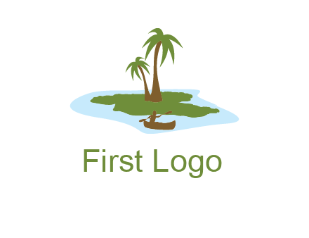 man rowing canoe to palm trees island illustration