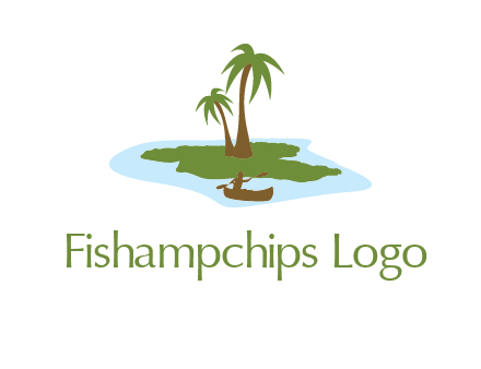 man rowing canoe to palm trees island illustration