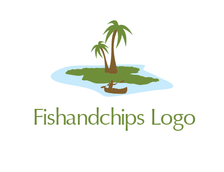 man rowing canoe to palm trees island illustration
