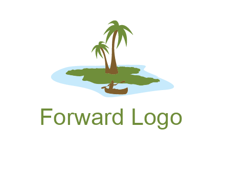 man rowing canoe to palm trees island illustration