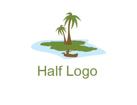 man rowing canoe to palm trees island illustration