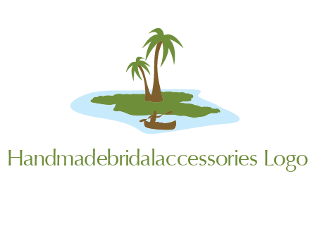 man rowing canoe to palm trees island illustration