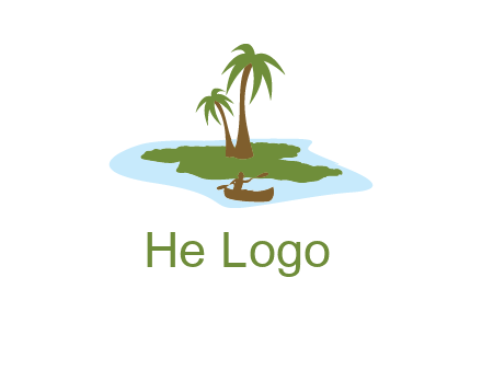 man rowing canoe to palm trees island illustration