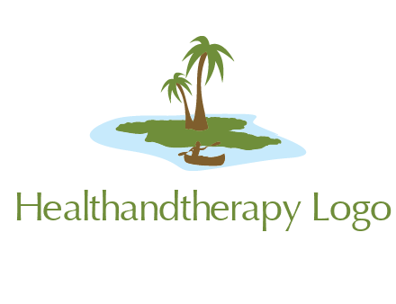 man rowing canoe to palm trees island illustration