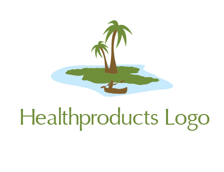 man rowing canoe to palm trees island illustration