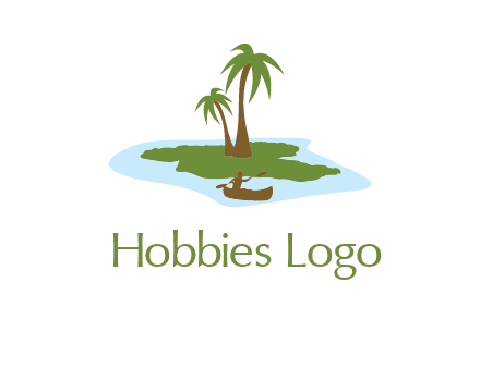 man rowing canoe to palm trees island illustration