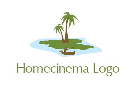 man rowing canoe to palm trees island illustration