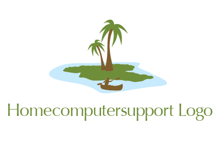 man rowing canoe to palm trees island illustration
