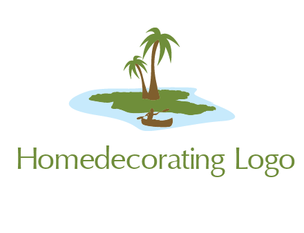 man rowing canoe to palm trees island illustration