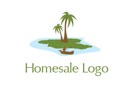 man rowing canoe to palm trees island illustration