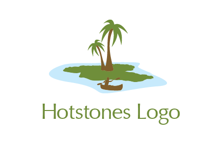 man rowing canoe to palm trees island illustration