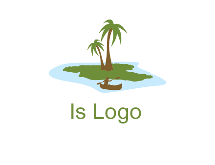 man rowing canoe to palm trees island illustration