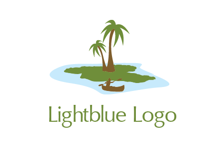man rowing canoe to palm trees island illustration