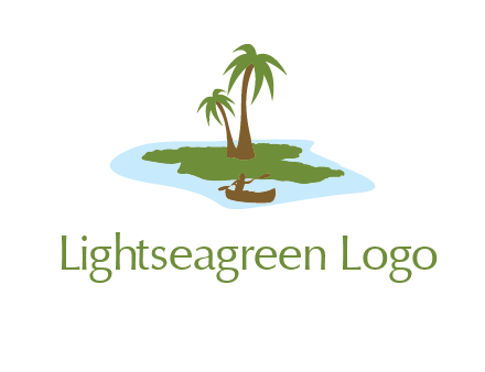 man rowing canoe to palm trees island illustration