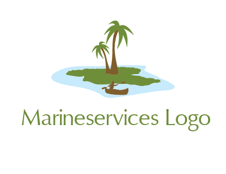 man rowing canoe to palm trees island illustration