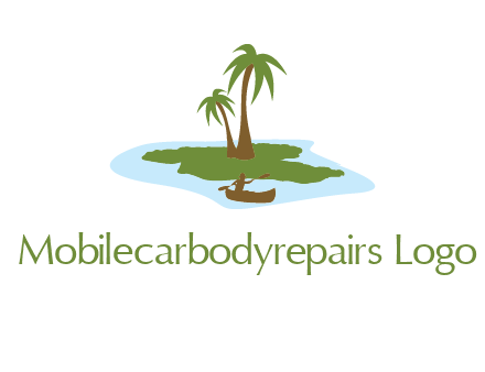 man rowing canoe to palm trees island illustration