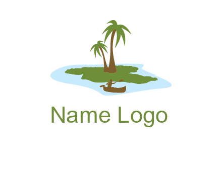 man rowing canoe to palm trees island illustration