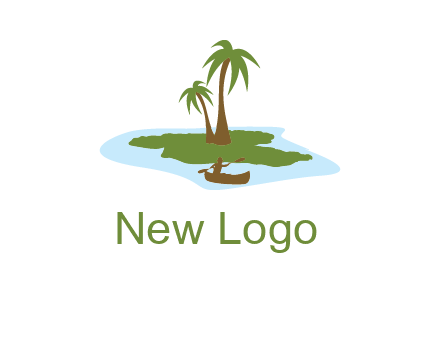 man rowing canoe to palm trees island illustration