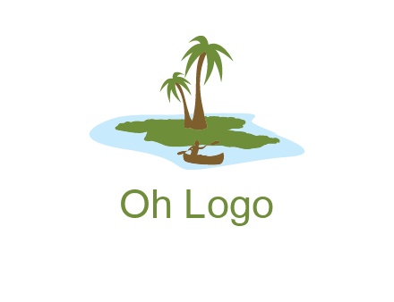 man rowing canoe to palm trees island illustration