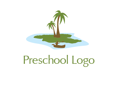 man rowing canoe to palm trees island illustration
