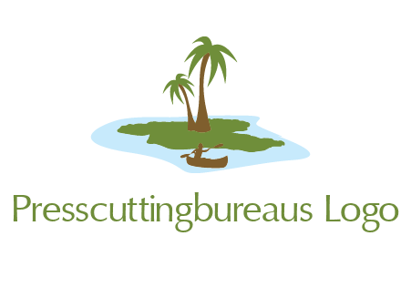 man rowing canoe to palm trees island illustration