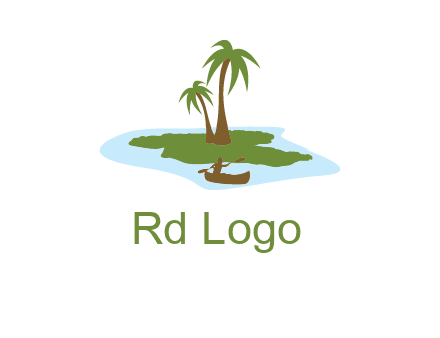 man rowing canoe to palm trees island illustration