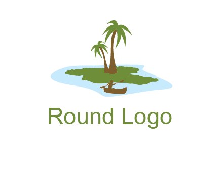 man rowing canoe to palm trees island illustration
