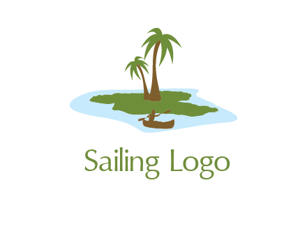 man rowing canoe to palm trees island illustration