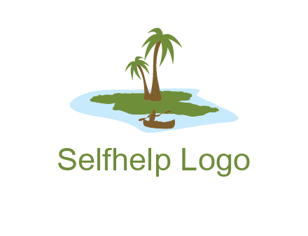 man rowing canoe to palm trees island illustration