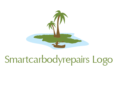 man rowing canoe to palm trees island illustration
