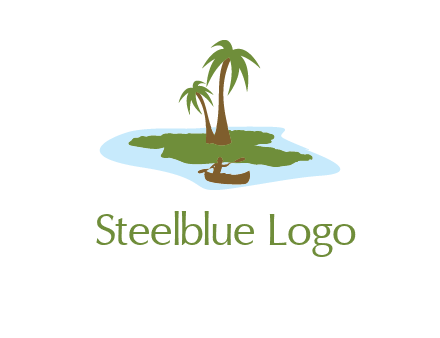 man rowing canoe to palm trees island illustration