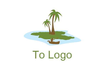man rowing canoe to palm trees island illustration