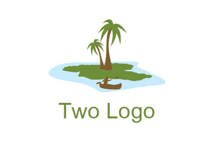 man rowing canoe to palm trees island illustration