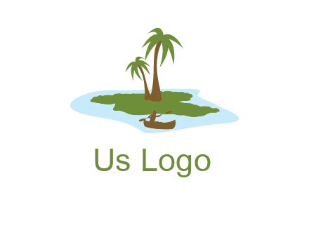 man rowing canoe to palm trees island illustration