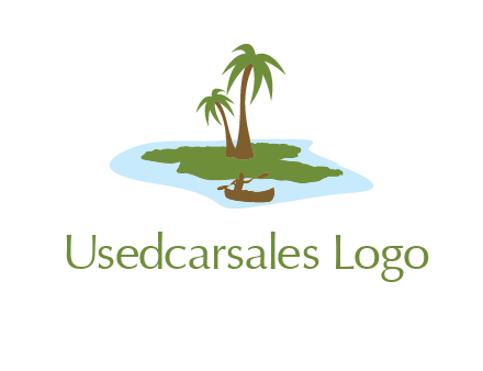man rowing canoe to palm trees island illustration