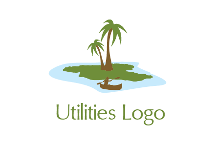 man rowing canoe to palm trees island illustration