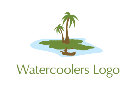 man rowing canoe to palm trees island illustration