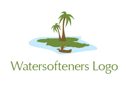 man rowing canoe to palm trees island illustration