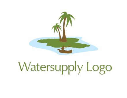 man rowing canoe to palm trees island illustration