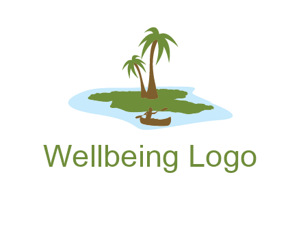 man rowing canoe to palm trees island illustration