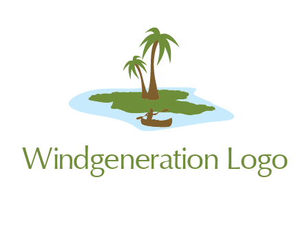 man rowing canoe to palm trees island illustration