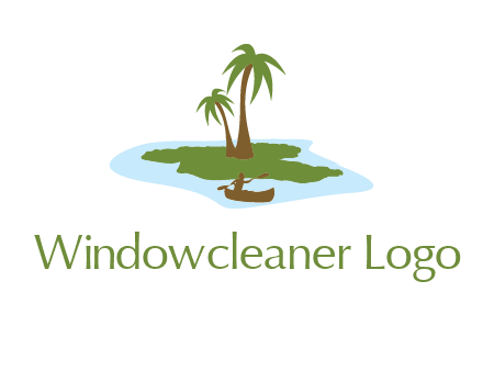 man rowing canoe to palm trees island illustration
