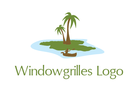 man rowing canoe to palm trees island illustration