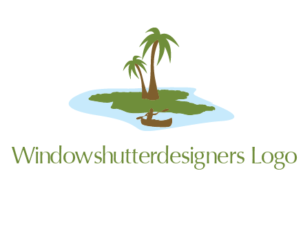 man rowing canoe to palm trees island illustration