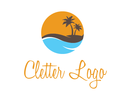 palm trees and waves in circle travel logo