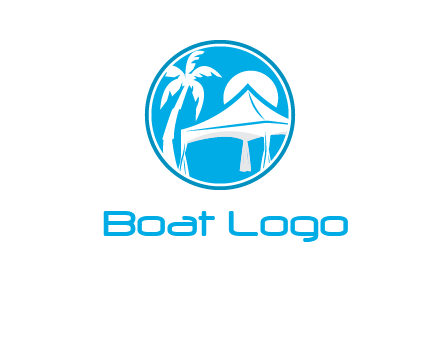 palm tree and tent in circle travel logo
