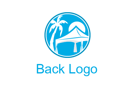 palm tree and tent in circle travel logo
